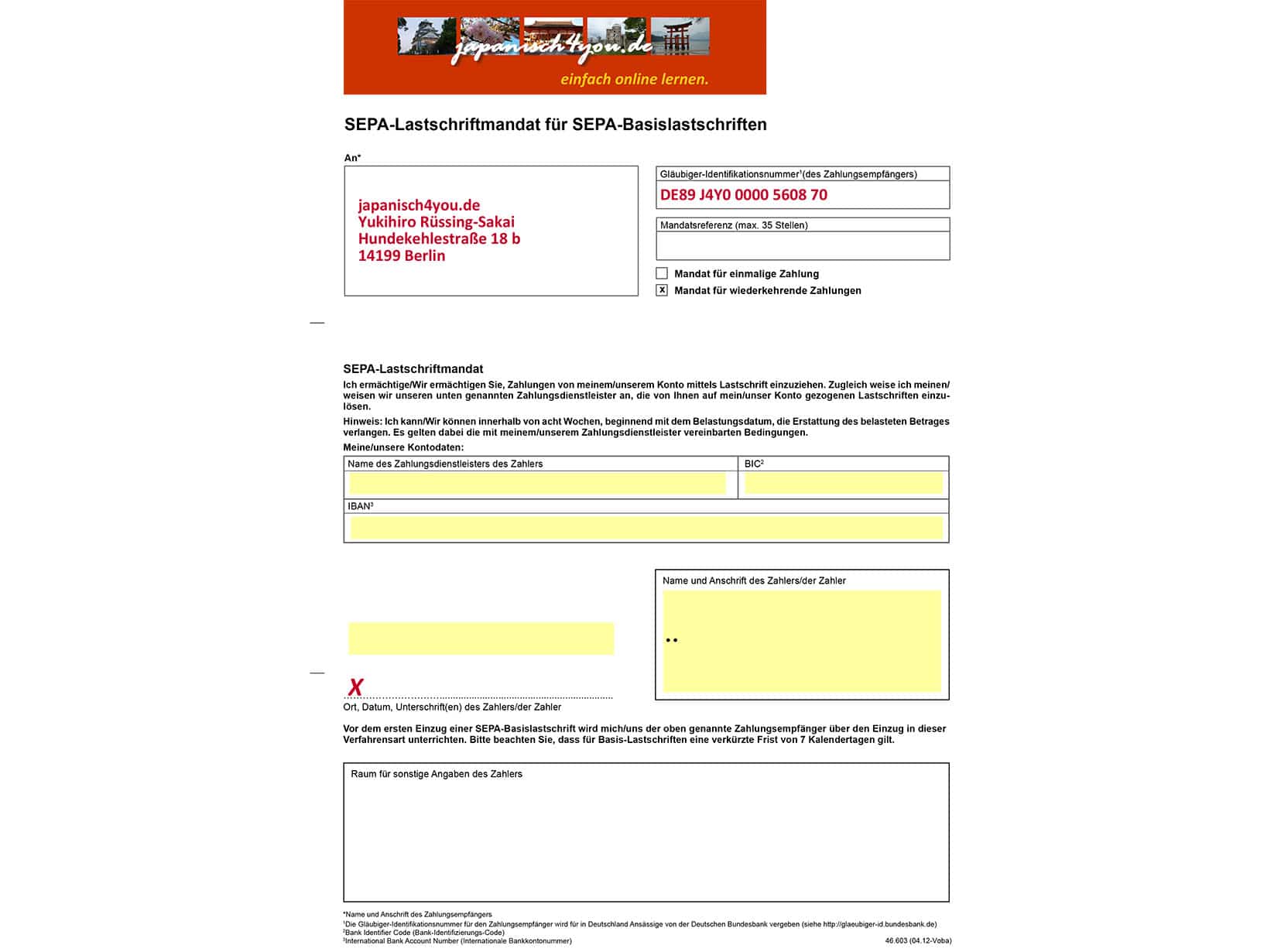 SEPA-Basis-Lastschriftmandat - online oder als pdf-Datei